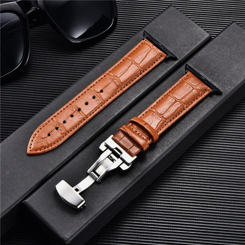 Watchband Bamboo Grain Pattern Leather Straps for Apple Watch Ultra 9 8 7 6 5 4 3 SE Butterfly Buckle Watchband 38 40 41mm 42 44 45 49mm