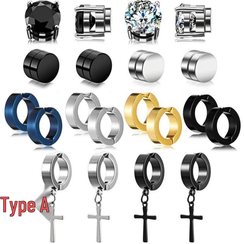 Set de Pendientes Magnéticos de Acero Inoxidable con Forma de Cruz y Circonita para Hombres y Mujeres