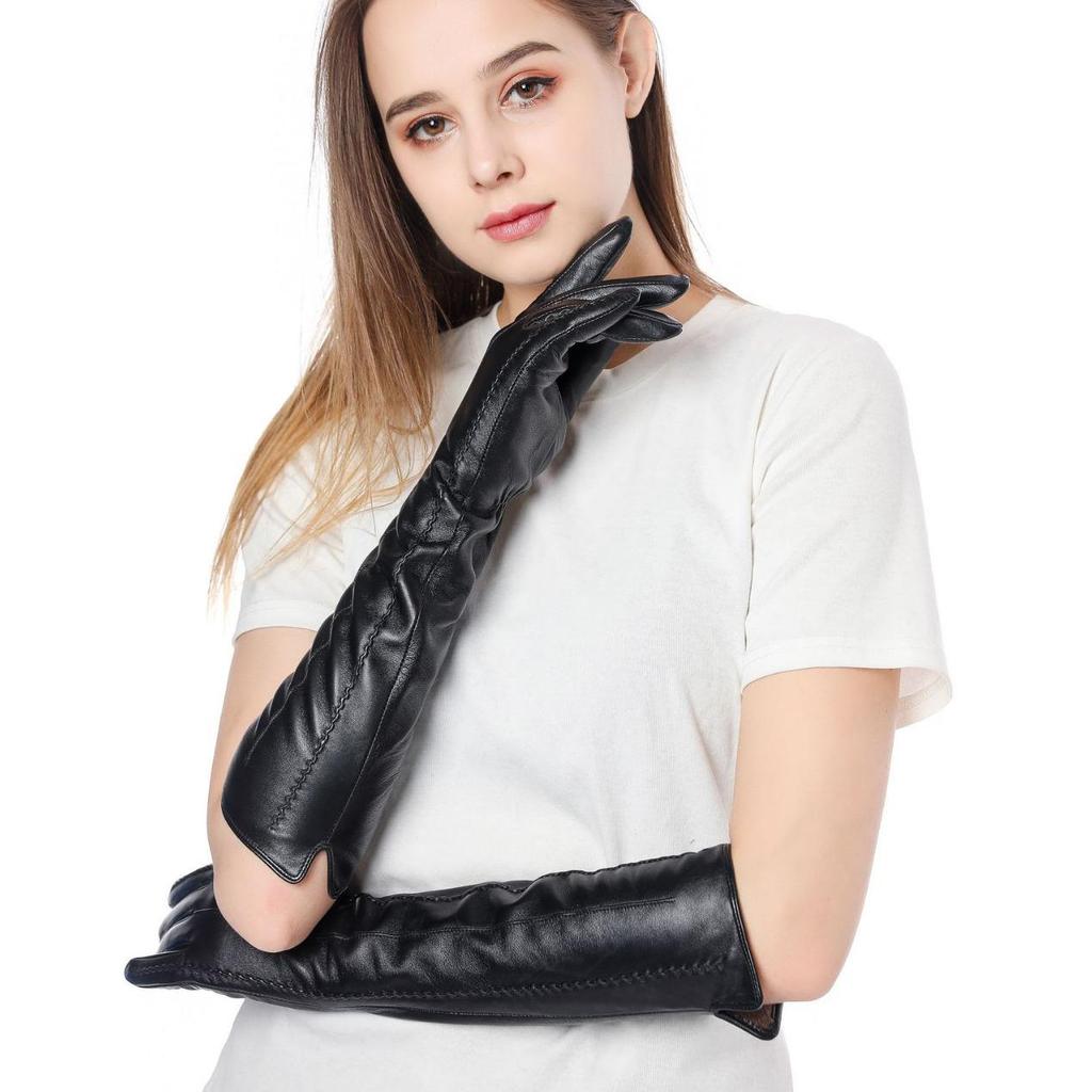45 cm lange Lammfellhandschuhe für Damen - Europäischer & Amerikanischer Stil, Warm mit Samt gefüttert, Modisches Echtes Leder für Herbst & Winter