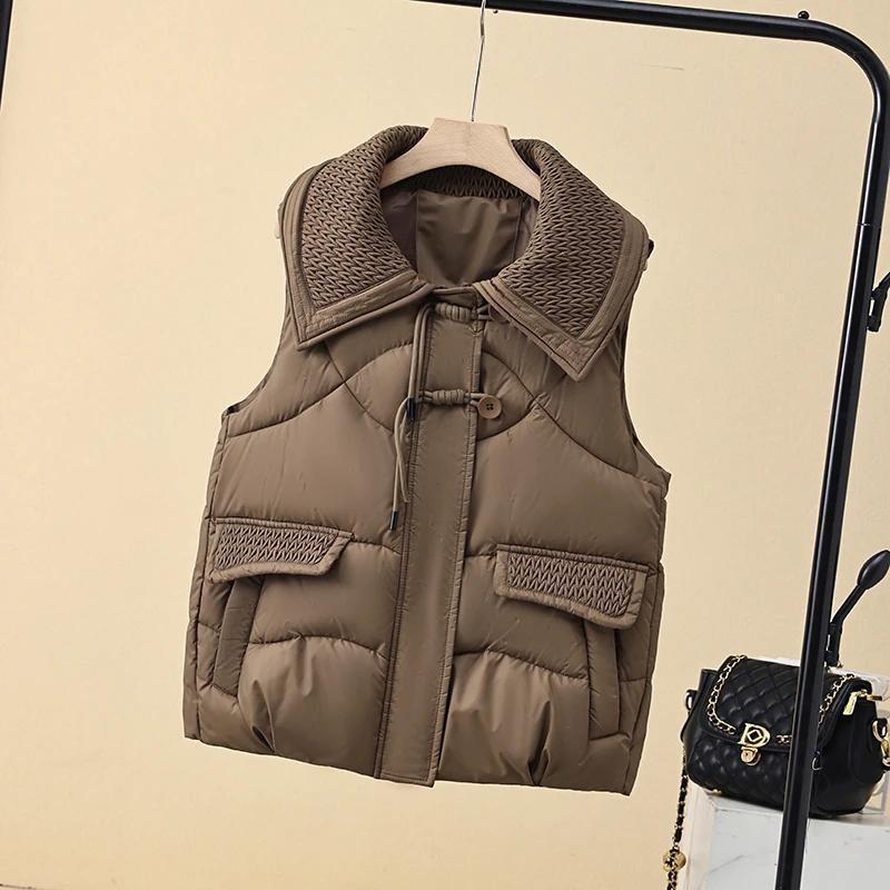 Autumn and Winter Women's New Stitched Lapel Zipper Pocket Fashion Solid Color Chinese Vest Jacket