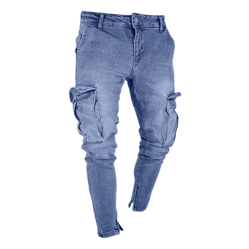 MakeWishes Denimi Мужские модные повседневные брюки на молнии с карманами Slim Fit из растрепанных джинсовых длинных джинсовых брюк S