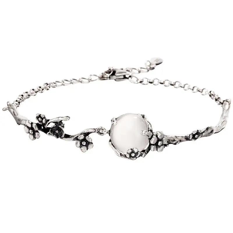 Original new  inlaid moonlight white chalcedony plum blossom bracelet elegant charm creative retro  jeweler