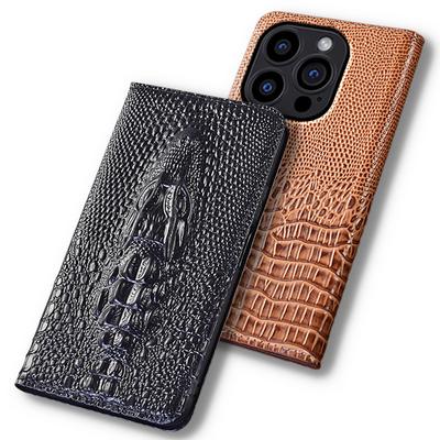 Hüllen für APPLE iPhone 14 15 16 16e Pro Max Plus 3D Krokodilkopf Klapphülle Rindsleder Echtes Leder Magnetische Brieftaschen-Cover