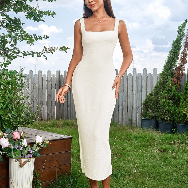 Knitted dress, European and American sexy split back tight square neck suspender long dress XS