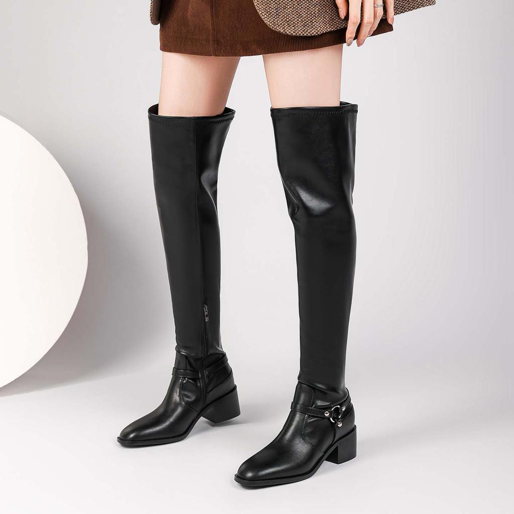 Krazing Pot Cow Split Skin Autumn Round Toe Winter Shoes Med Heels Equestrian Boots Big Size 45 Size 44 Size 46 Women Keep Warm Over-the-knee Boots