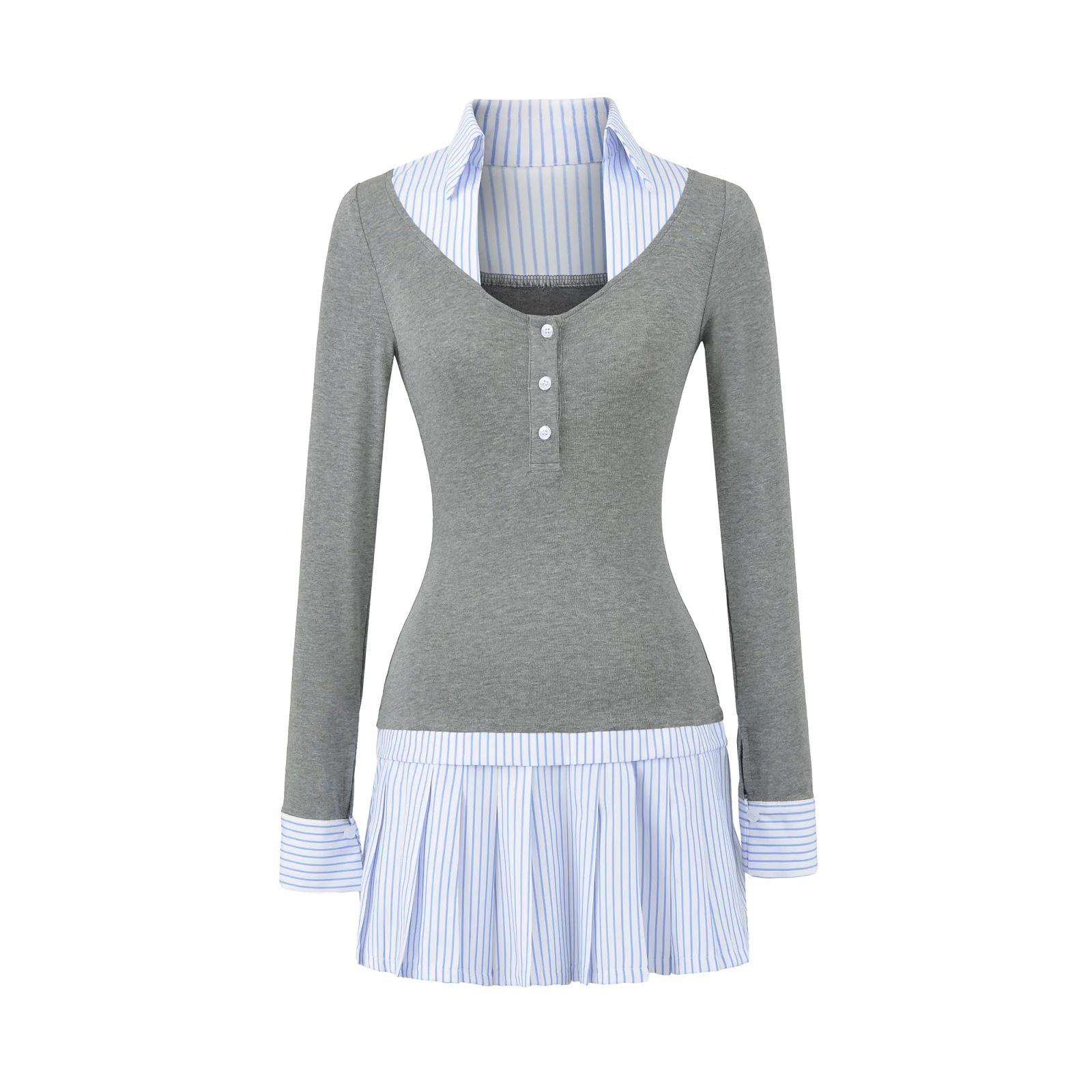 Spicy Girl Korean Style Color Block Patchwork Shirt Dress – Age-Reducing, Waist-Cinched, Slimming Design Small