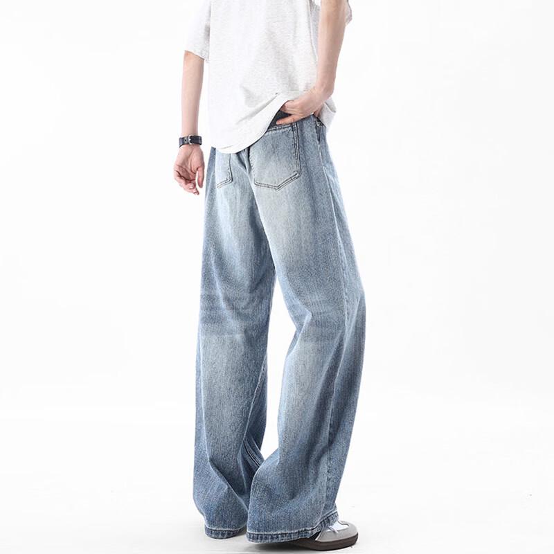 JEEP SPIRIT Men's High Street Loose Straight Bamboo Texture Denim Jeans