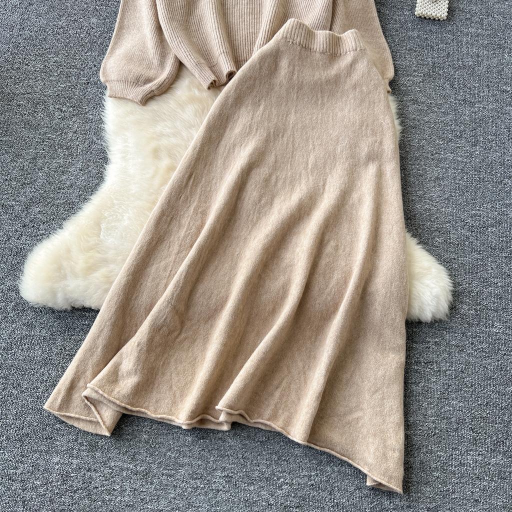 Autumn Casual Two Pieces Sets Women O-Neck Loose Knitting Top+Elastic Waist Large Swing Skirt Basic Korean Winter Sets