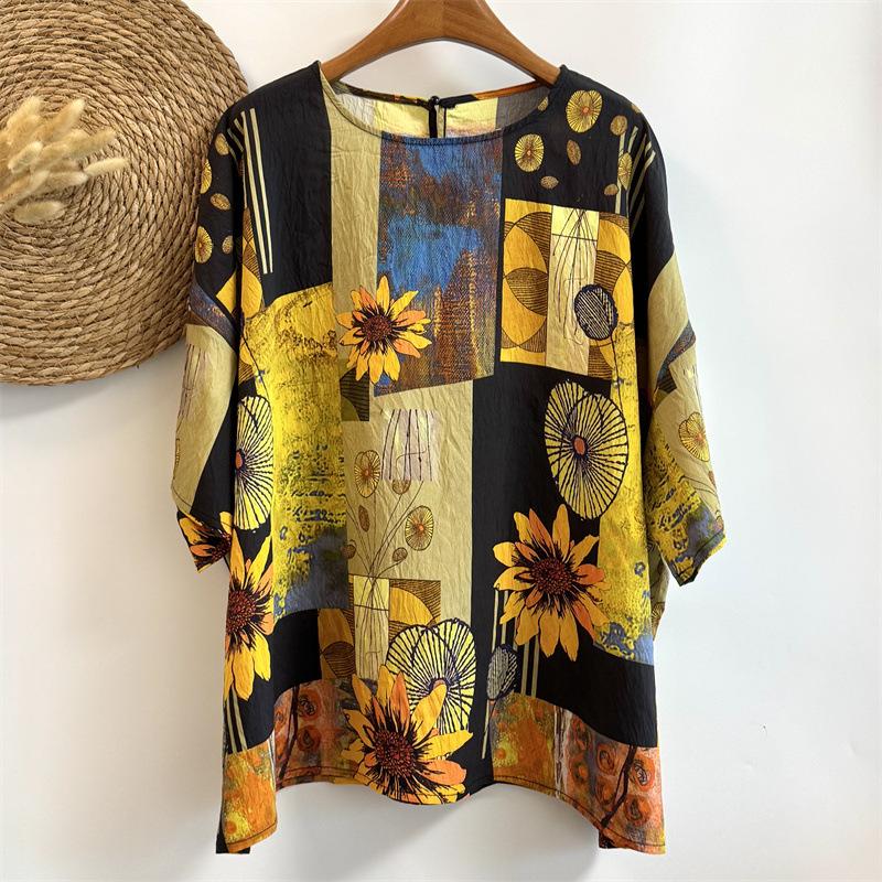 Letnia bawełniana lniana bluzka w stylu etnicznym z luźnym dużym rozmiarem, z okrągłym dekoltem, damska koszulka z krótkim rękawem