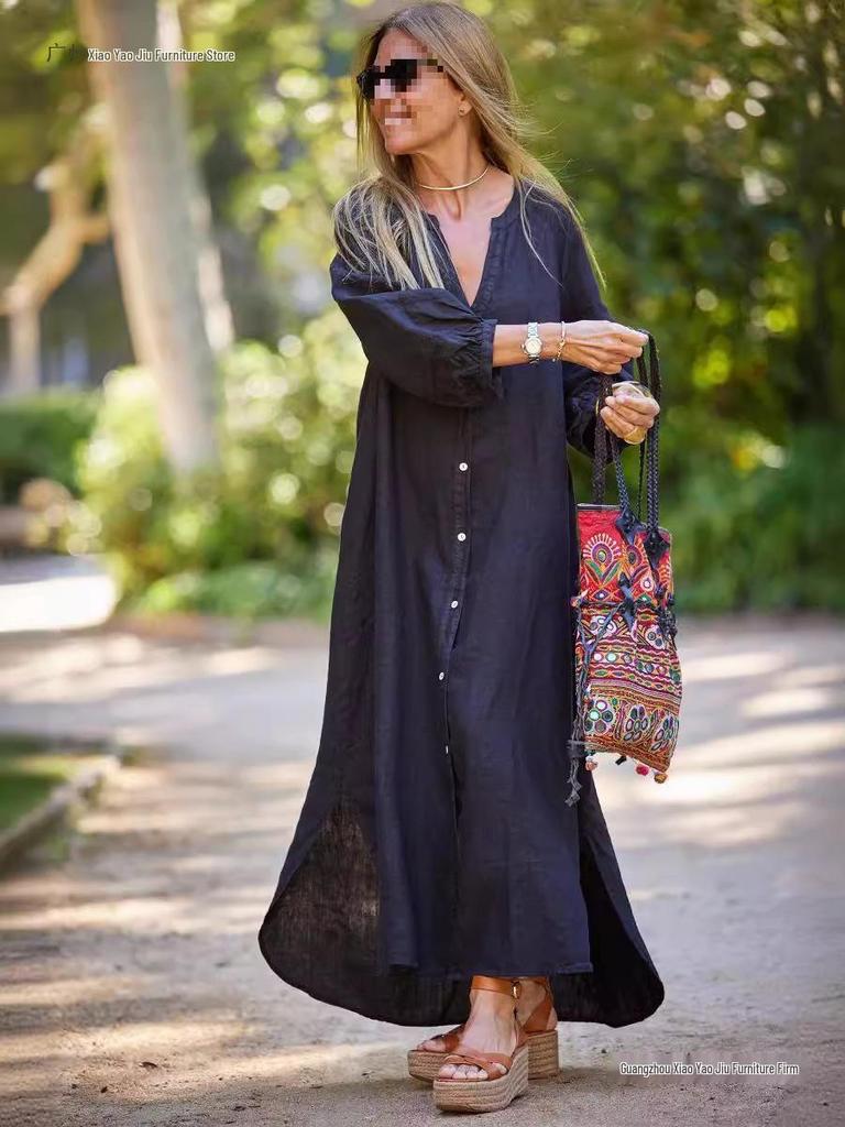 New Women's Cotton Linen Long Sleeve Cardigan Dress for Autumn and Winter