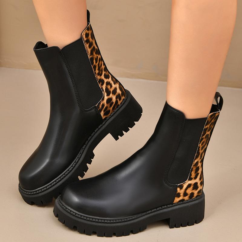 Plus Size Fashion Leopard Print Chelsea Boots Women Thick Sole Non Slip Ankle Boots Woman Autumn Slip On PU Leather Botas Mujer