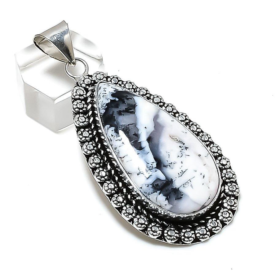Natural Dendrite Opal Gemstone 925 Sterling Silver Jewelry Pendant 2.48" ETC-14219