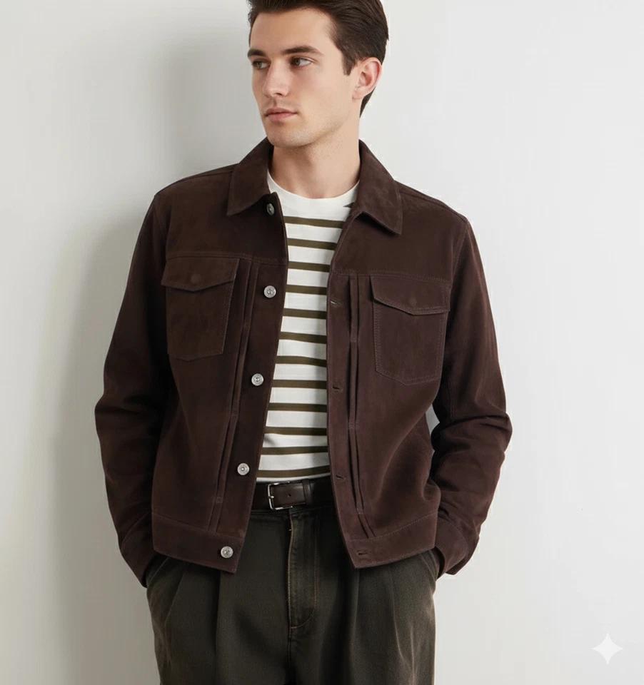 Мужская коричневая замшевая куртка байкера, ручной работы, из натуральной мягкой кожи ягненка S