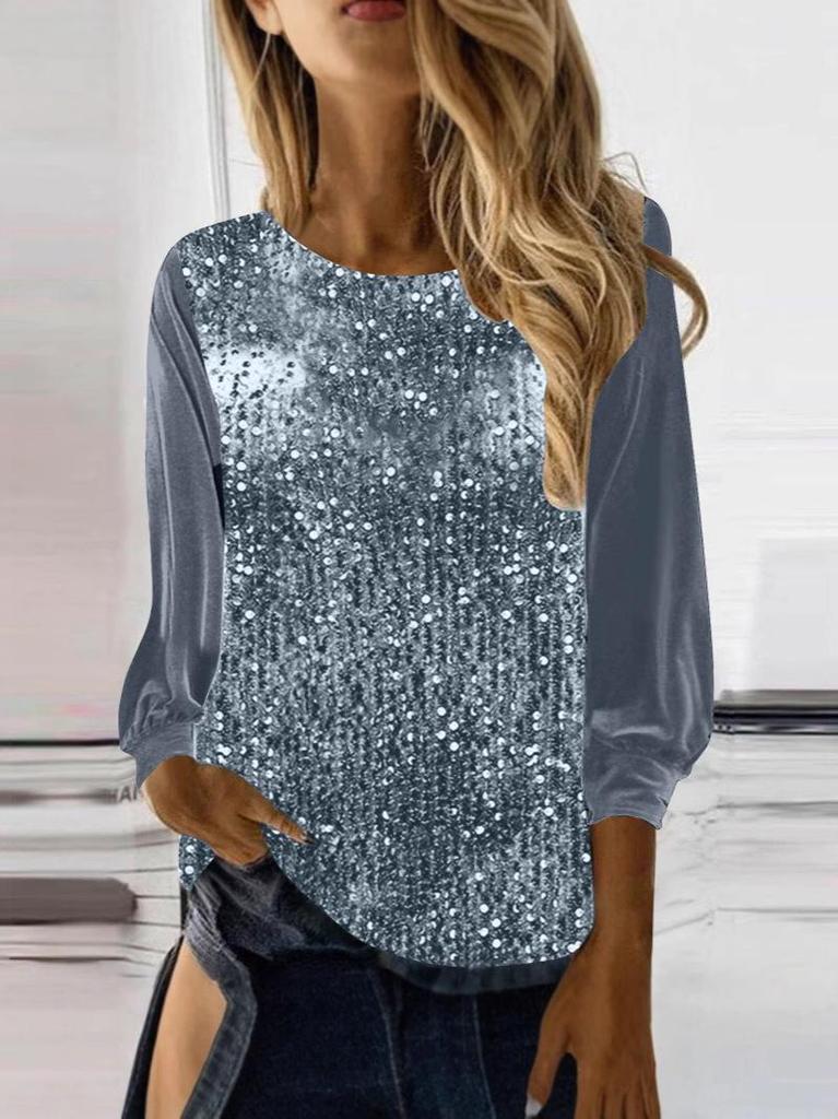 2025 European & American Women's Casual Sequin Round Neck Long Sleeve Pullover