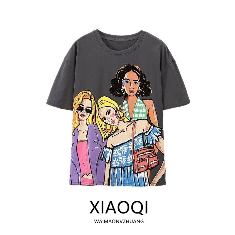 Fashion Wind 2024 Summer New Product Women's Clothes Casual Loose Print Washing Effect T-shirt 1131326 807