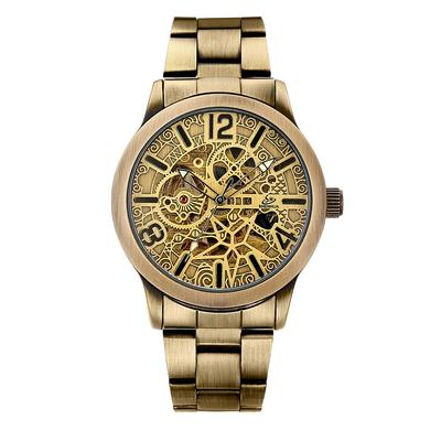 BOLYTE Bronze Men's Automatic & Manual Winding Mechanical Watch with Vintage Engraved Skeleton Dial and Iridescent Crystal