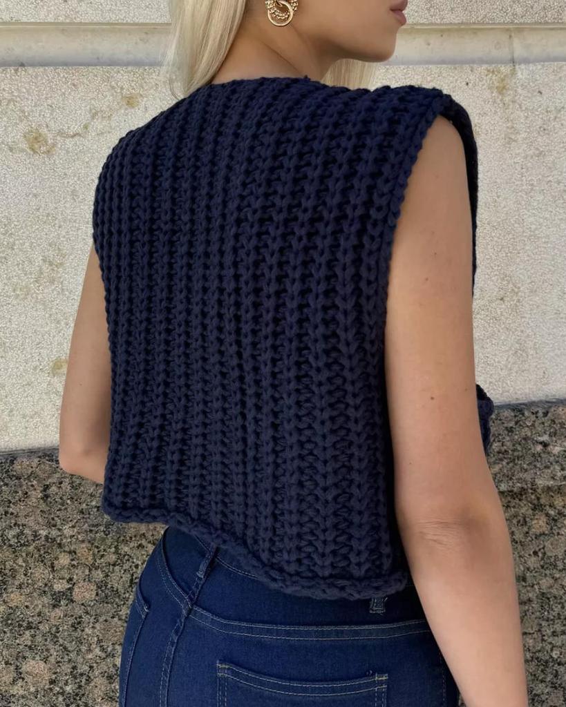 Women's V-Neck Chunky Knit Sleeveless Cardigan Vest - European & American Style, Autumn/Winter 2025