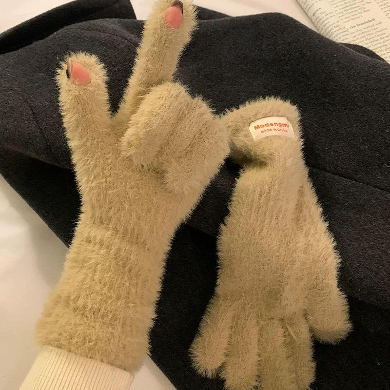 Plush  Soft and Waxy Finger Gloves for Women in Winter Versatile Long Style  Thickened and Warm  Student Cycling Fingerless Touch Screen