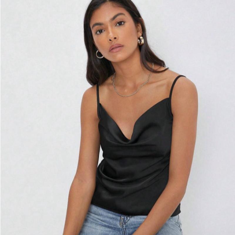 Summer Sleeveless Satin Base Casual Tank Tops Women Pile Collar Sexy Loose Tanks Women's Camis Elegant Slim Fit Simple Female Straps Tank Vest 26559