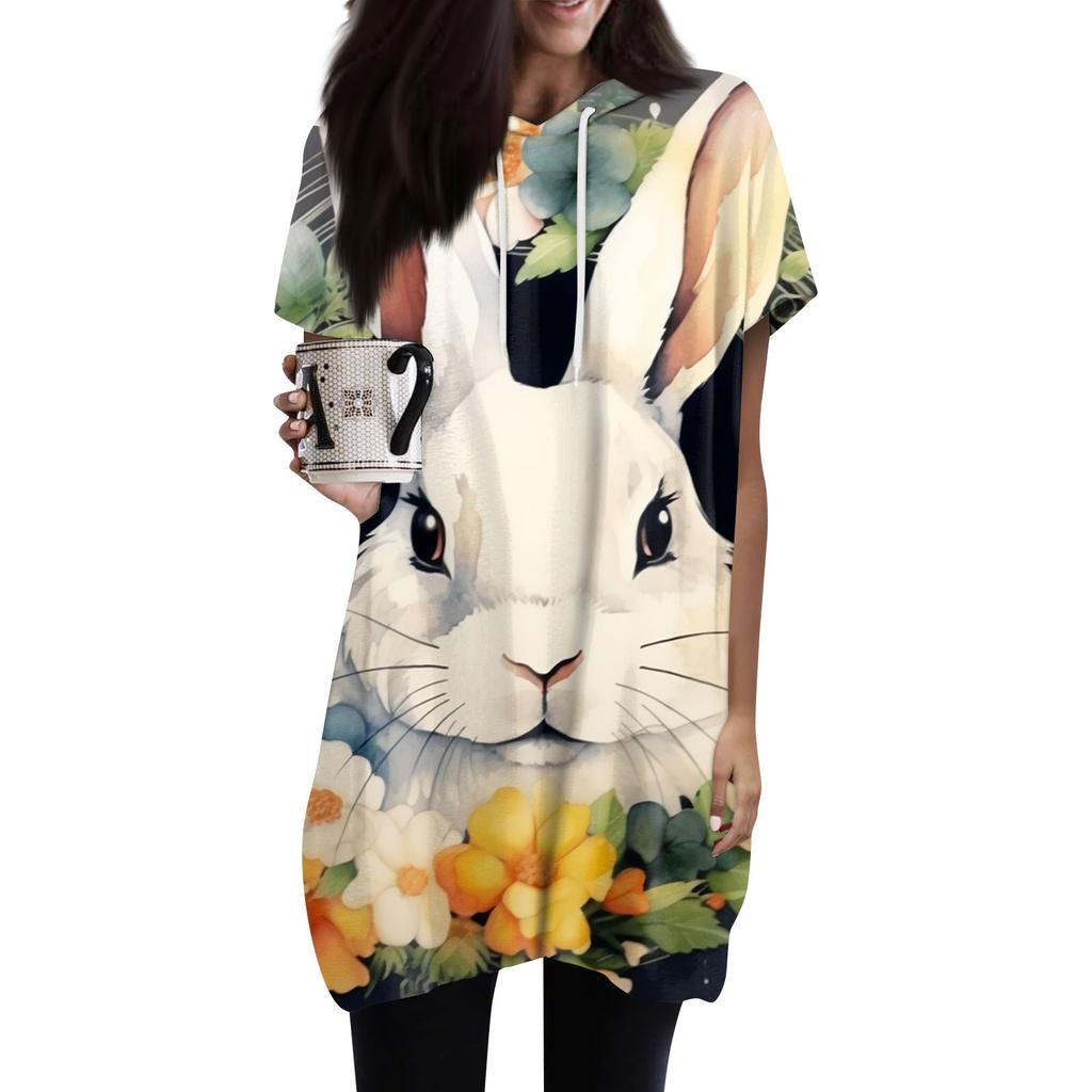 Women's Fashion Casual Easter Print Hooded Pocket Short Sleeve Top