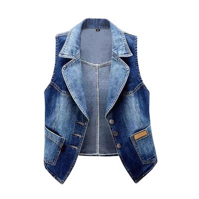 Jaqueta jeans feminina casual cor sólida sem mangas cortada