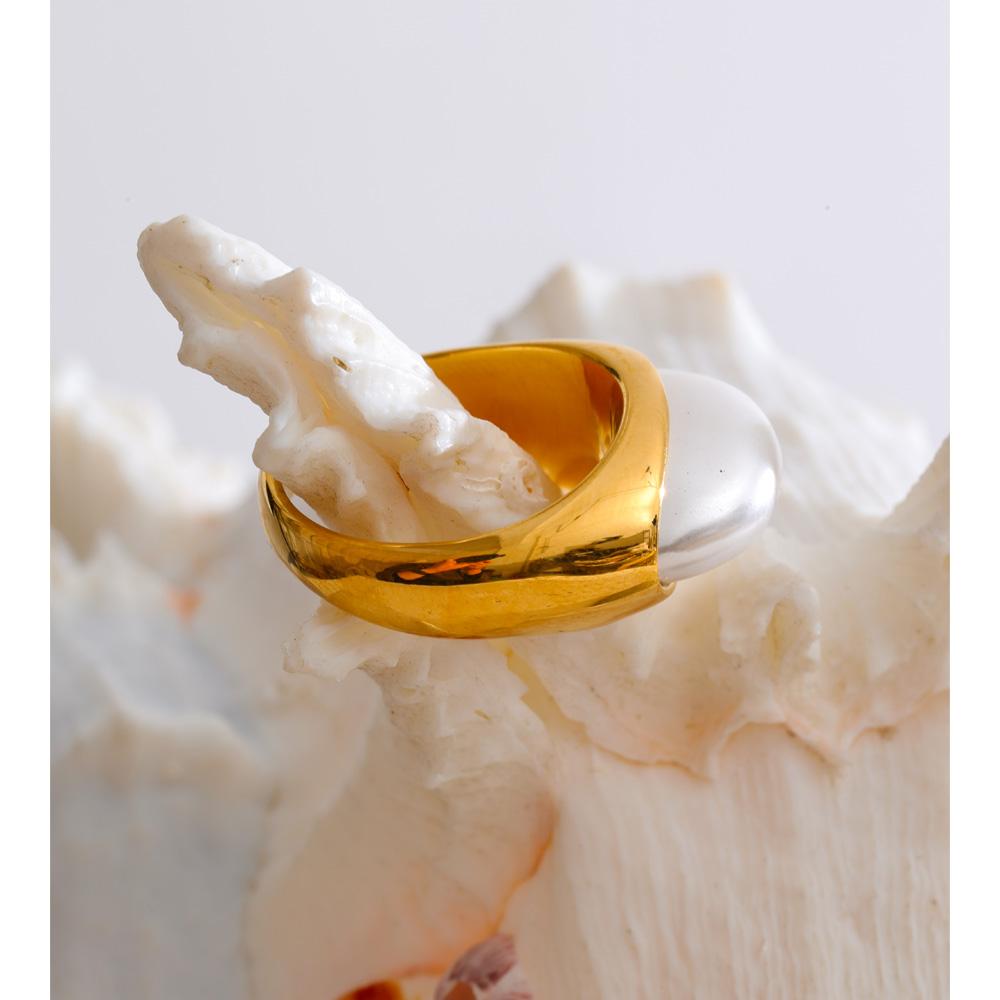 Yhpup Size 678 Simulated Pearls Geometric Fashion Golden Ring 2025 Stainless Steel Finger Chic Charming Jewelry Accessories