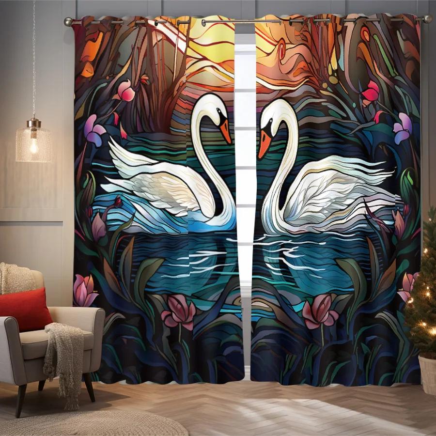 2 Pieces of Beautiful and Elegant Swan Patterned Printed Curtains, Used for Decoration, Bedrooms, and Living Rooms