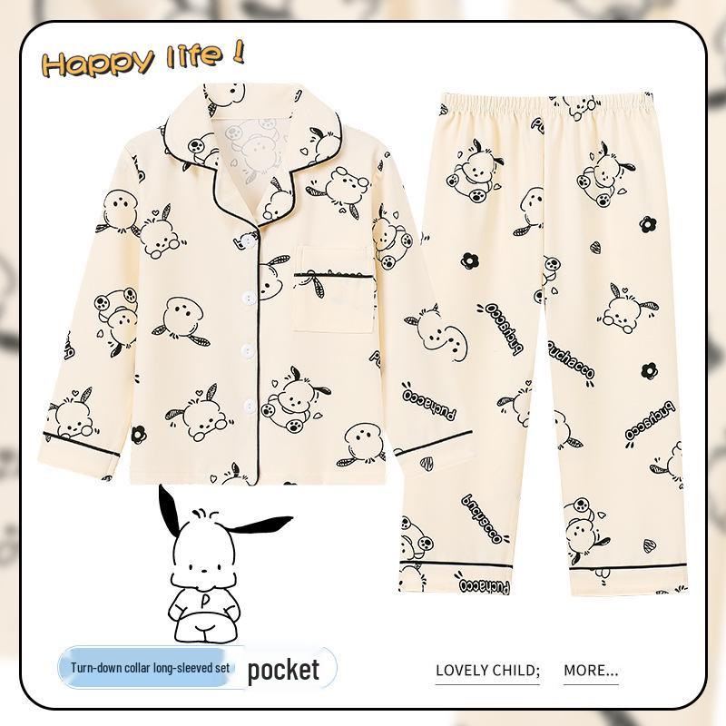 Spring & Autumn Cotton-Feel Girls' Cardigan Pajama Set - Long Sleeve & Pants