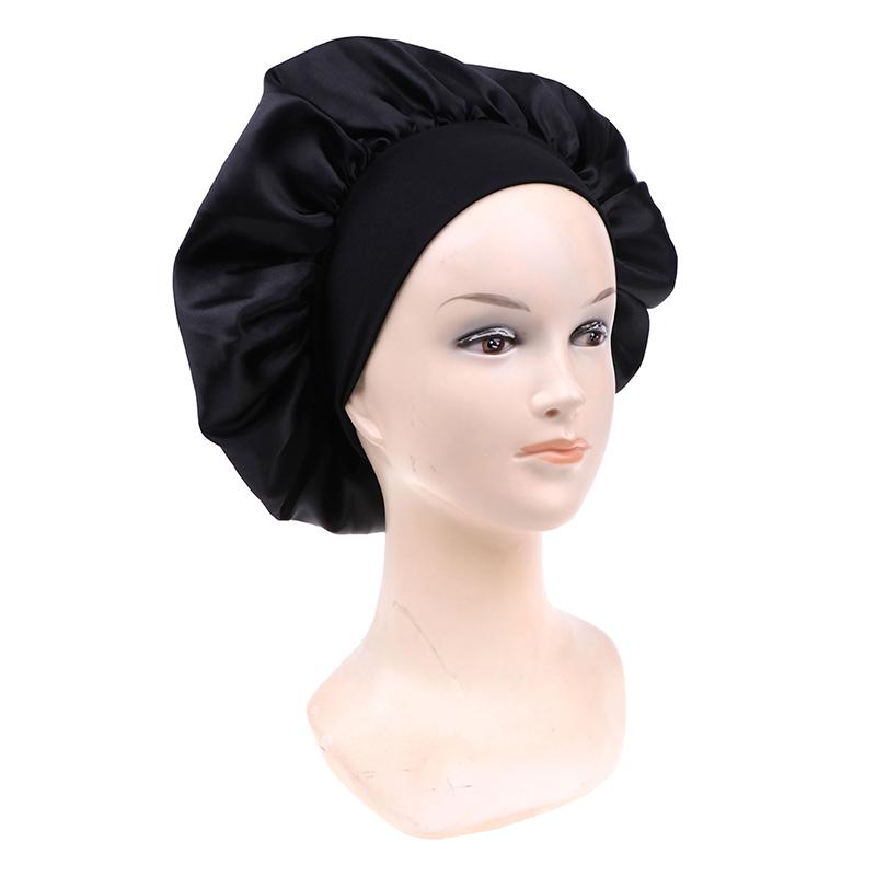 58Cm Solid Color Women Satin Bonnet Cap Night Sleep Hat Adjust Shower Caps