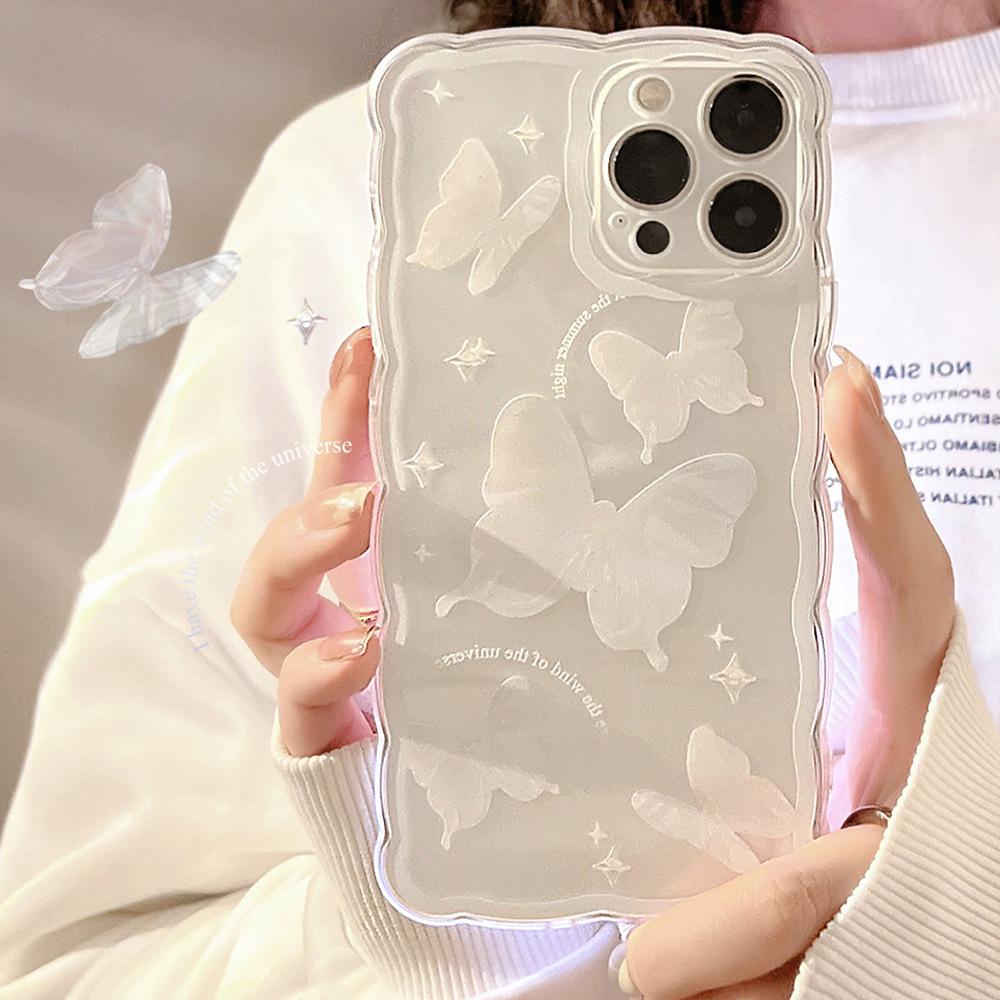Tulip Phone Case for Apple iPhone16promax-Wavy Tulip Cute Bear Butterfly Shockproof Soft Silicone Cover on iPhone16/15/14/13/12/11/Pro/Promax/Plus