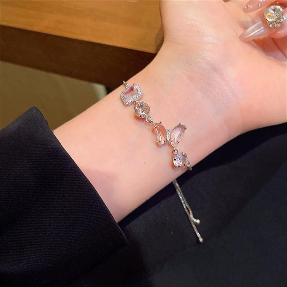 Charm Female Pink Zircon Stone Square Bowknot Bracelet Cute Silver Color Adjustable Wedding For Women