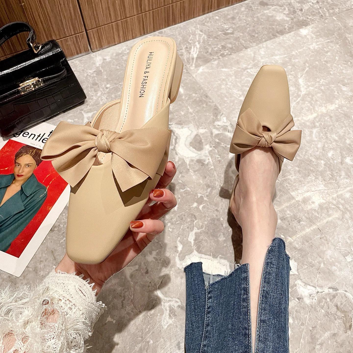 

Туфли с острым носком Butterfly-Knot женские тапочки для отдыха на открытом воздухе Med Pantofle каблук мюли мокасины шлепанцы на плоской подошве с высоким покрытием PU резина 34 хаки