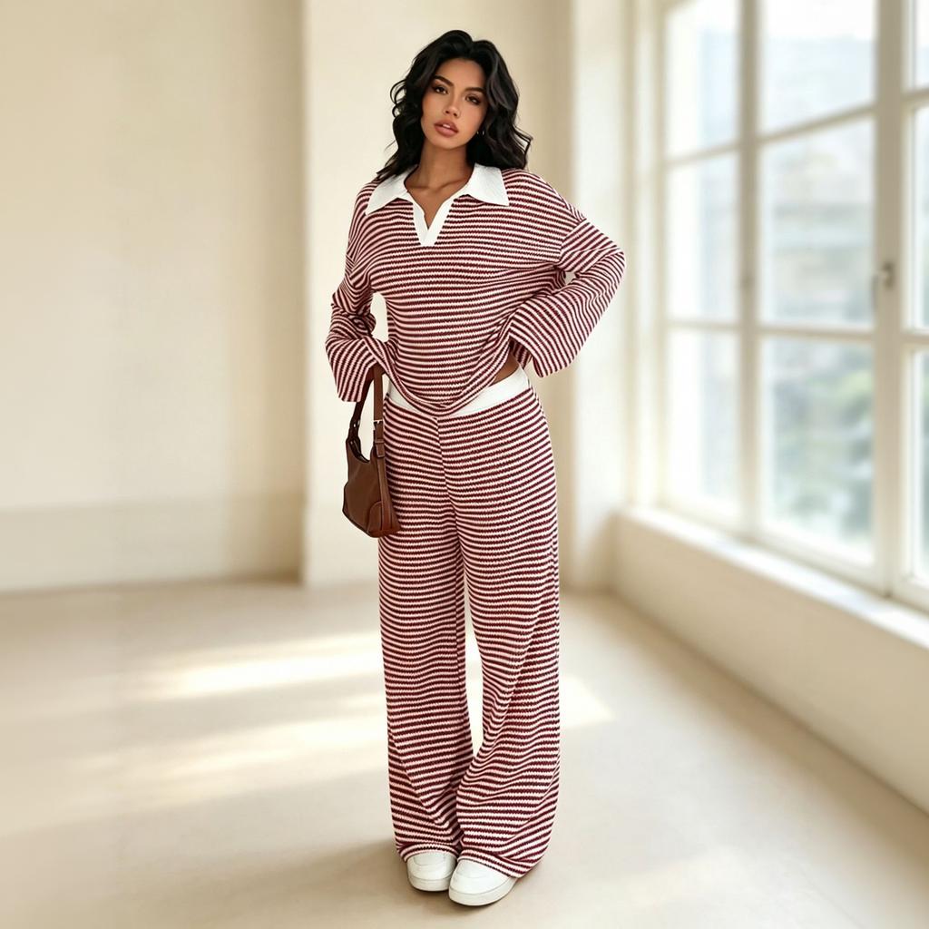 Women's Casual Striped Collar Long Sleeve Top and Straight Wide Leg Pants Set