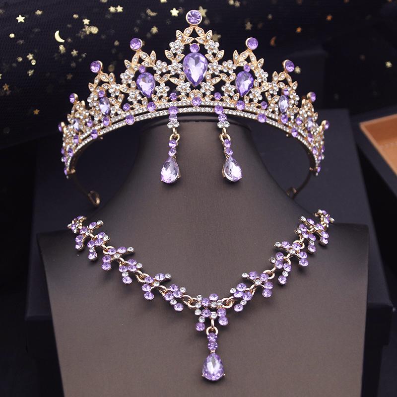Princess Crown Bridal Jewelry Sets for Girls Blue Tiaras Choker Necklace Sets Bride Wedding Dress Prom Jewelry Accessories