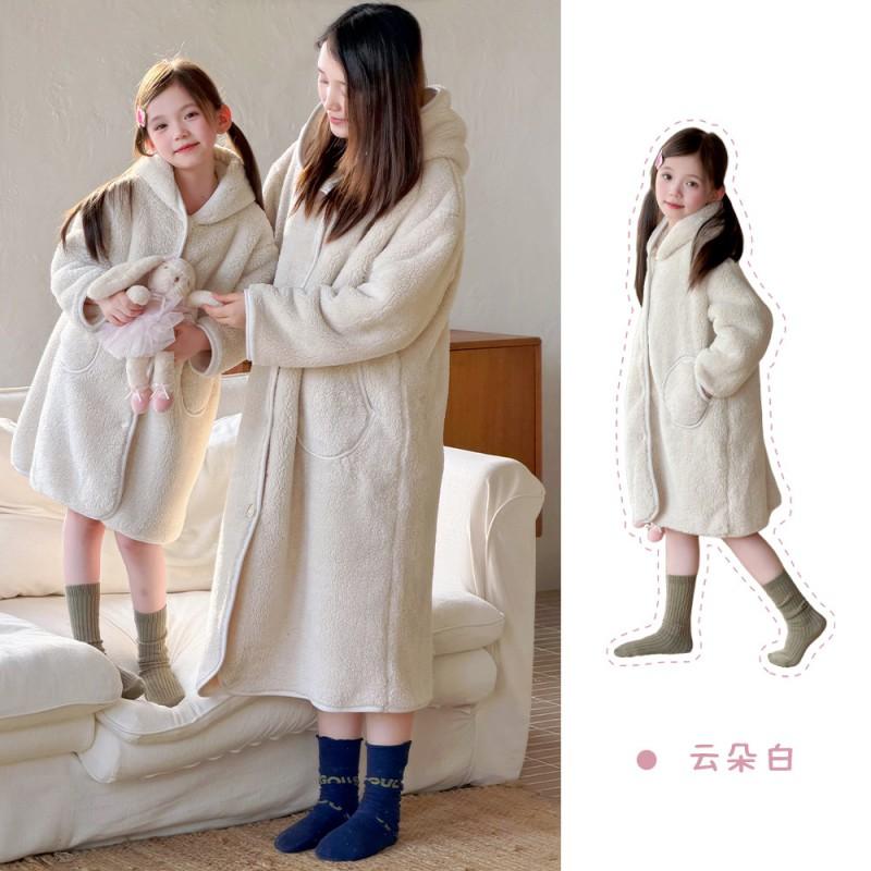 Kids Winter Warm Pajama Set Girls Boys Soft Plush Sleepwear With Hooded Robe Pants A-Class Safe Toddler Home Outfit
