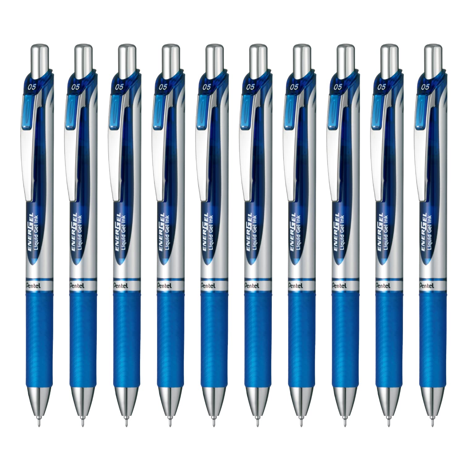 Pentel EnerGel Gel Ballpoint Silver 10 Pens Pen, Retractable, 0.5mm, Barrel, Blue,