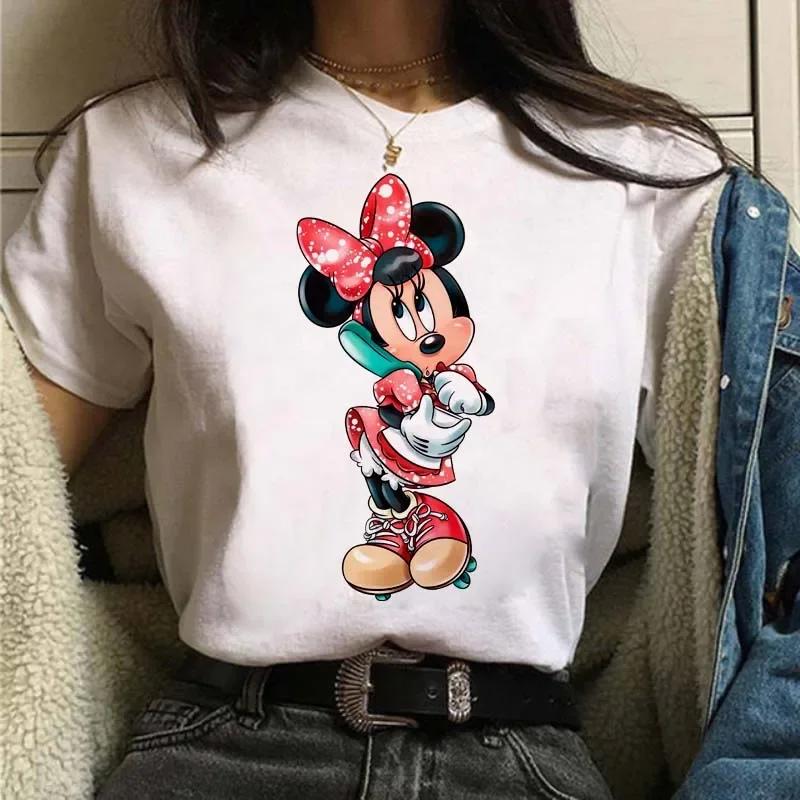 Funny Disney Women T-shirt Cute Cartoon Mickey Minnie Graphic Casual Short Sleeve T Shirt Female Kawaii Loose Y2K Clothing Tops