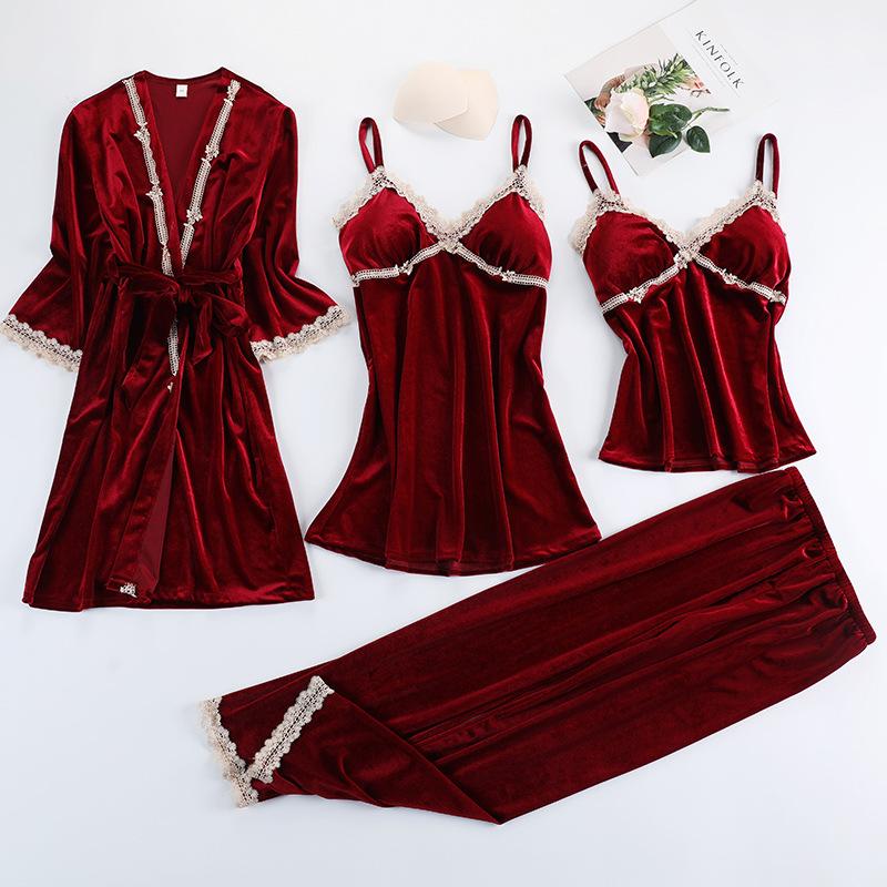 Burgunder Velours Pyjama Anzug Frauen 4PCS Kimono Robe Nachthemd Set Nachtwäsche Dame Winter Warm Gestreiften Gold Samt Bademantel Kleid