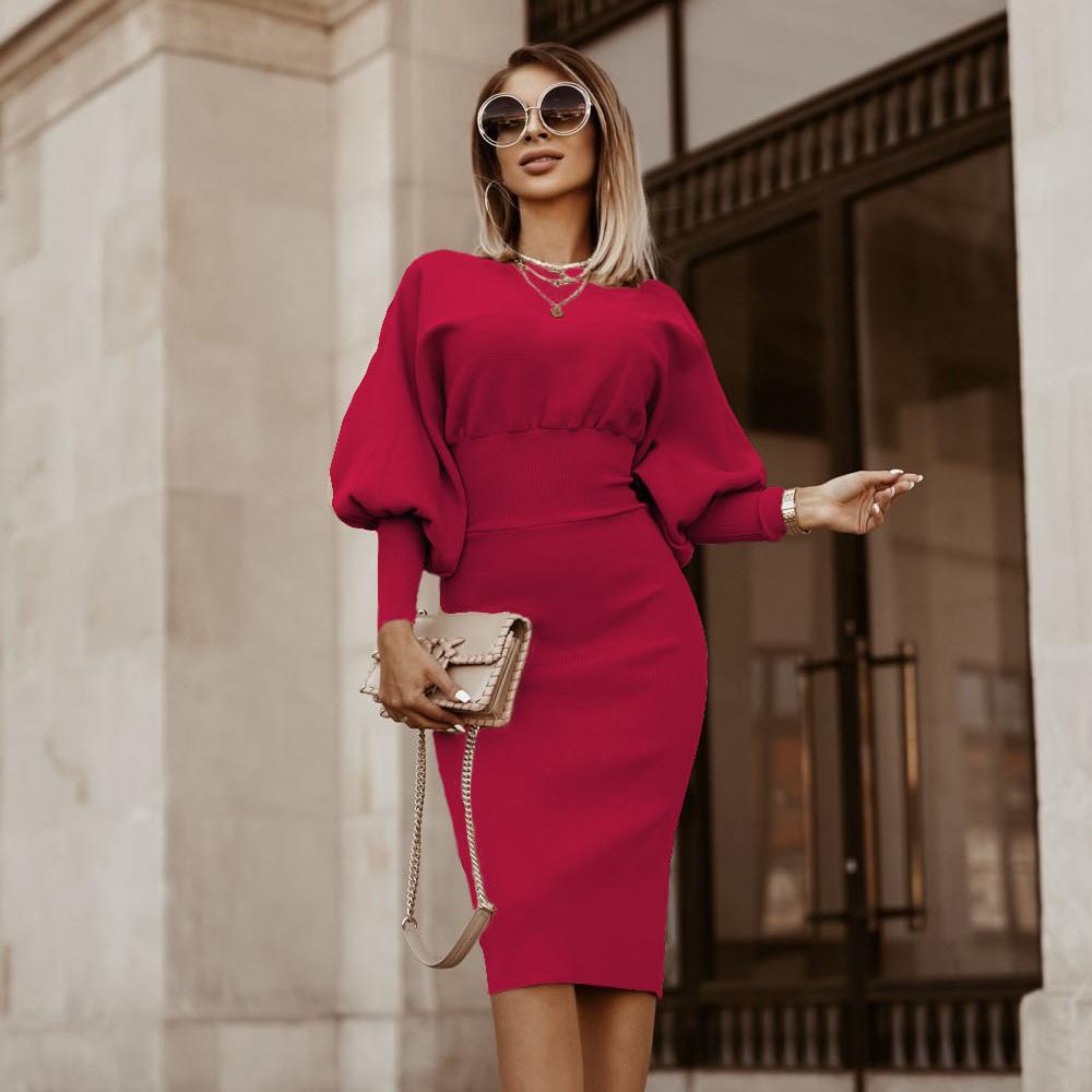 

Женское зимнее платье-карандаш 2025 | Однотонное с рукавами-фонариками и приталенное | Осеннее облегающее платье-бодикон - Теплая юбка-карандаш (S-3XL) XL вино красного