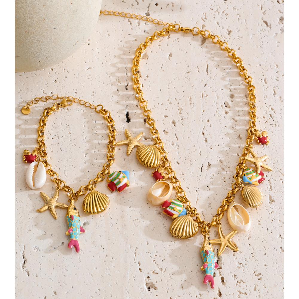 Yhpup Ocean Series Enamel Fish Shell Starfish Drop Charm Necklace Bracelet Bangle Summer Stainless Steel Chain Holiday Jewelry