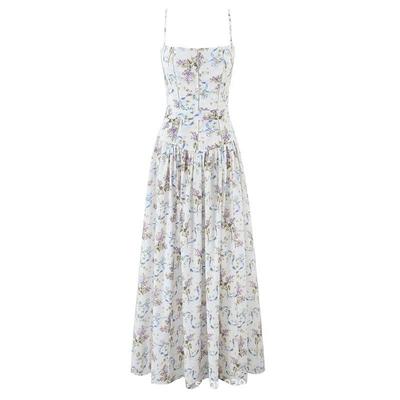French Retro Spaghetti Strap A-Line Dress - 2025 Summer Collection: Elegant Waist-Cinched Slimming Long Hem Design