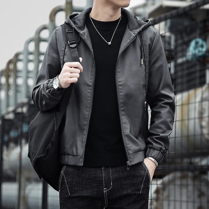 Hooded Leather Men's New Autumn and Winter Korean Version of Thin Velvet Leather Jacket Trend Casual Motorcycle Wear Cargo Coat