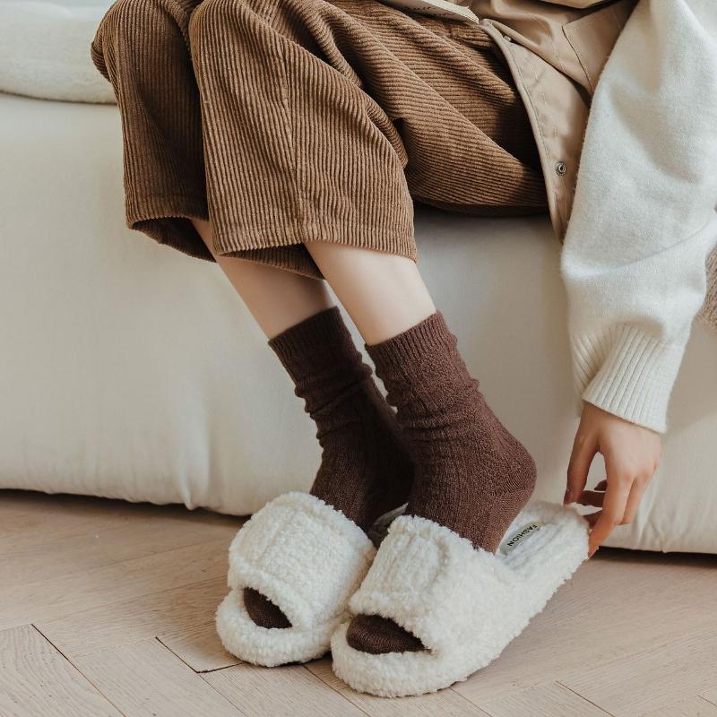 1 par de meias femininas de lã de caxemira quente para outono e inverno, meias femininas grossas, térmicas, de cor pura