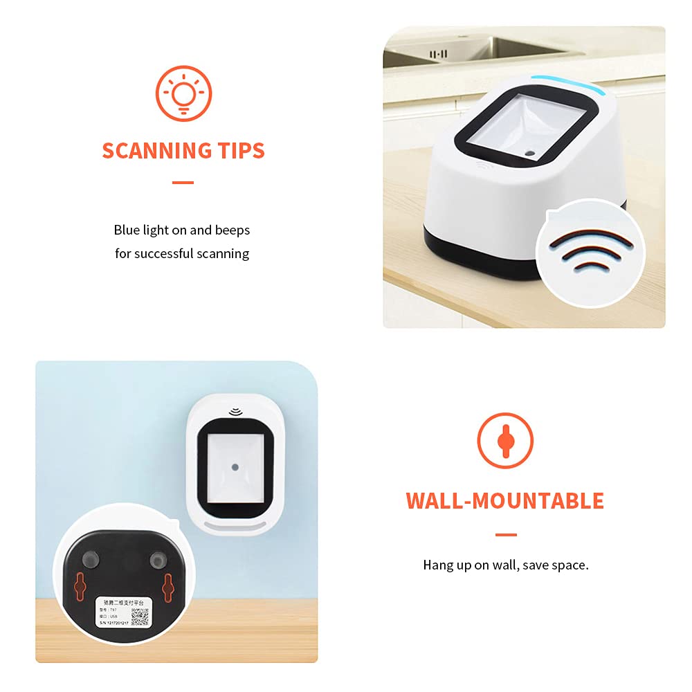 Wscoficey Wired Barcode Scanner for Supermarkets/Shops, USB Universal Scanner, Hands-Free Scanning, QR Code 1D & 2D Code Reader