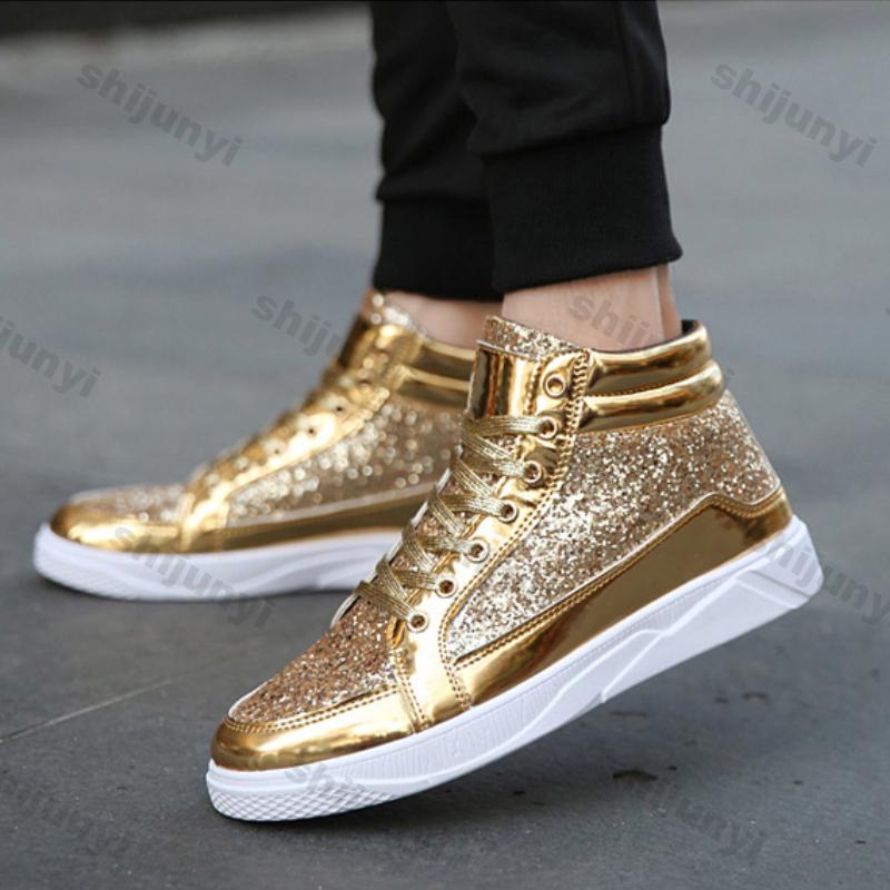 Fashion Men's Flats Leather Ankle Boots Man Autumn Fashion Bright Comfortable Casual Shoe Sneakers Casual High-top Retro Gold Sneakers