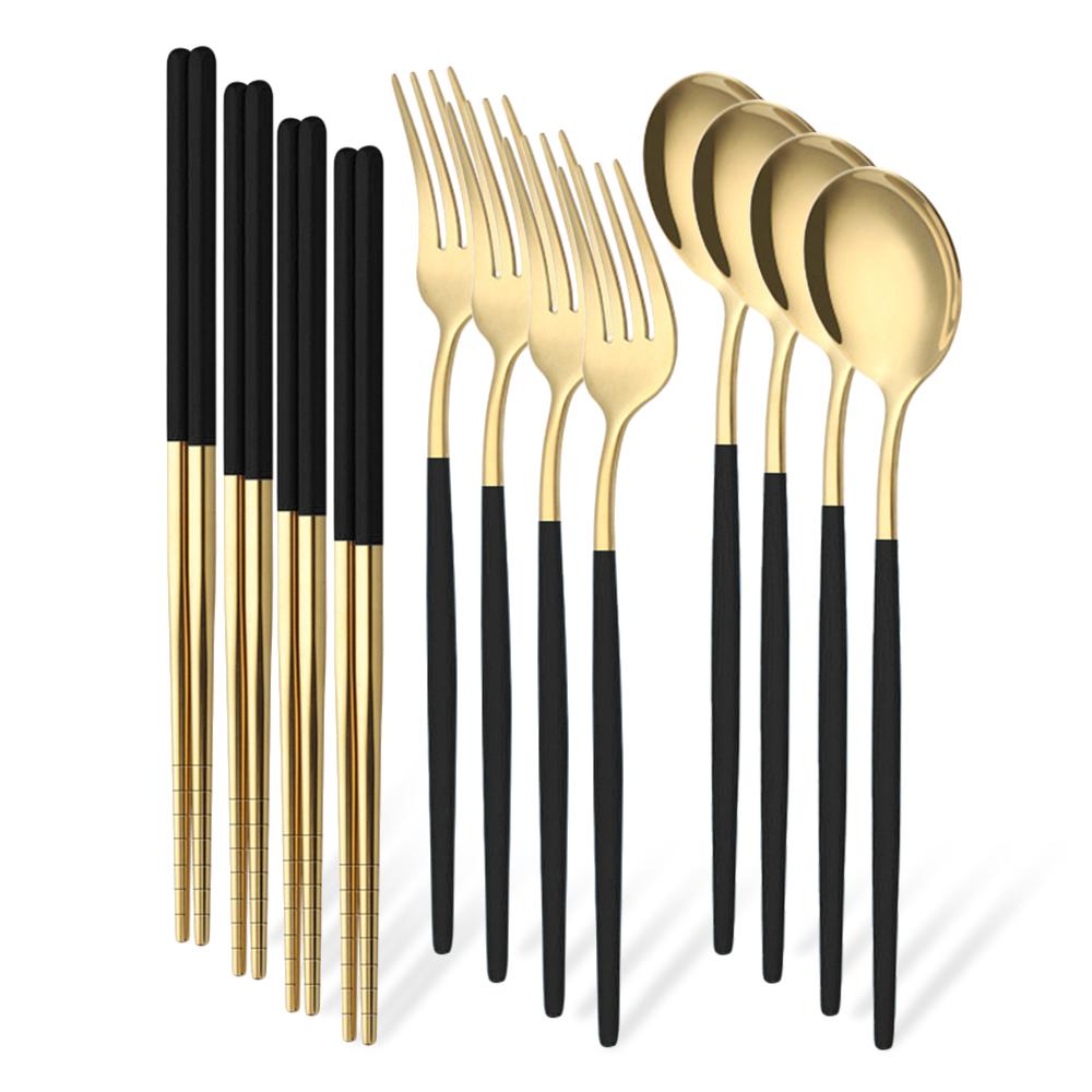 12Pcs/Set Western Golden Stainless Steel Cutlery Set Mirror Dinnerware Set Fork Spoon Chopsticks Tableware Flatware Set