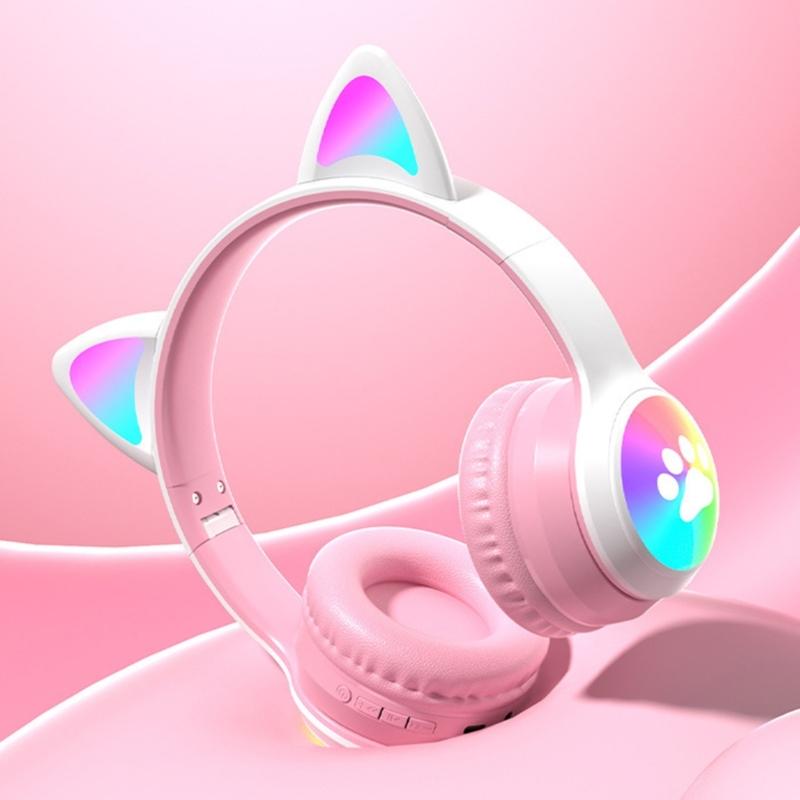 Active Noise Cancelling Wireless Bluetooth-compatible Cats  Ear Headphones Led Foldable Earphones TF Card Support