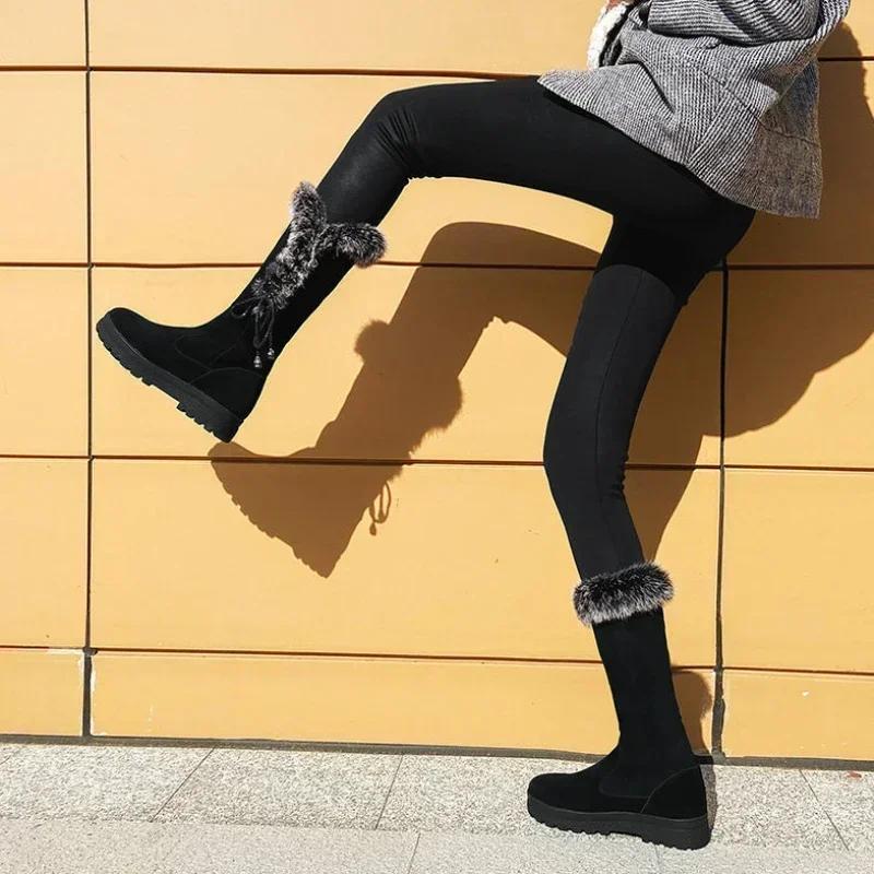 Mid Calf Shoes for Women Elegant With Low Heels Black Anti Skid Hot Quality Womens Half High Snow Boots on Slip Spring 2025 Lamb