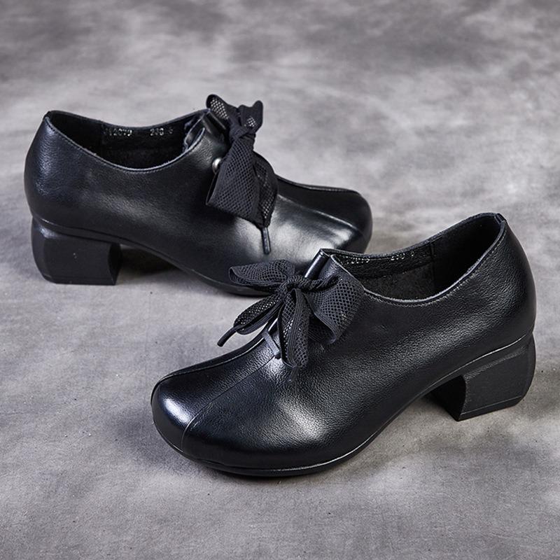 

Женская демисезонная обувь, на шнуровке, на толстом каблуке, с мягкой подошвой, кожаная обувь среднего и малого размера, из первого слоя коровьей кожи, ретро женская обувь 35 чёрный