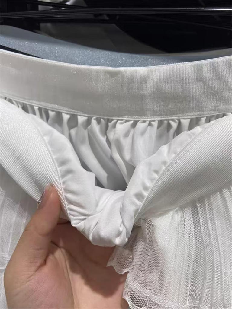 Spring 2026 Korean Lace Pleated Gauze A-line Skirt – White